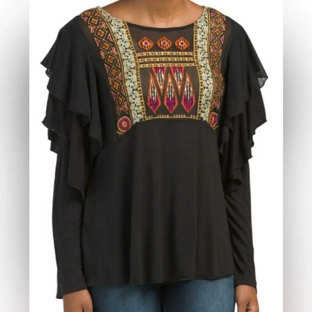 Free People Black Linen Embroidered Long Sleeve Shirt Size Small Ruffle Sleeves